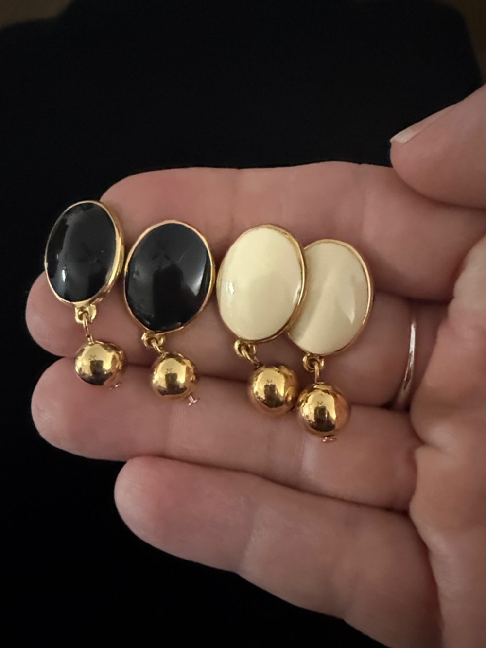 Two pair of Gold Drop Earrings with Black and Cream Cabochons